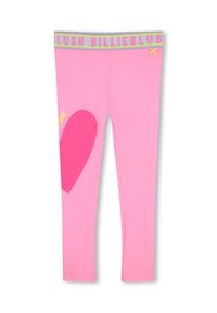 Roze leggings met een hartgrafiek in een iets donkerder roze en een grijze tailleband met de tekst "BLUSH BILLIEBLUSH" in vette letters.