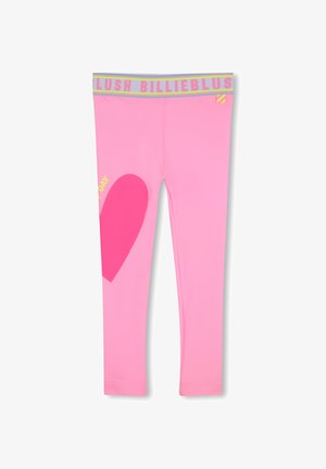 Roze leggings met een hartgrafiek in een iets donkerder roze en een grijze tailleband met de tekst "BLUSH BILLIEBLUSH" in vette letters.