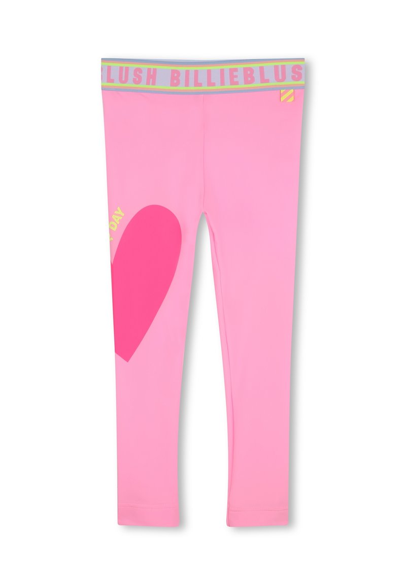 Roze leggings met een hartgrafiek in een iets donkerder roze en een grijze tailleband met de tekst "BLUSH BILLIEBLUSH" in vette letters.