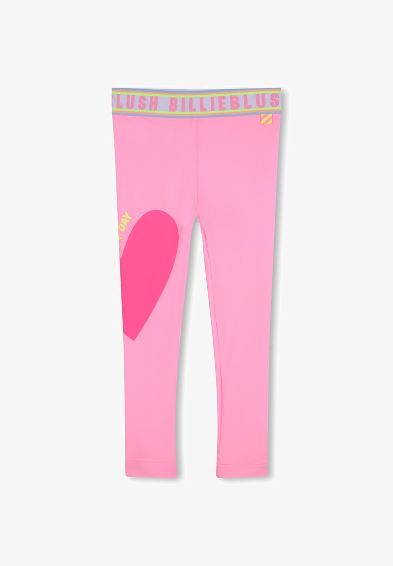 Roze leggings met een hartgrafiek in een iets donkerder roze en een grijze tailleband met de tekst "BLUSH BILLIEBLUSH" in vette letters.
