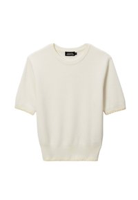 Pull en maille crème à manches courtes, avec un col rond côtelé et des bords festonnés aux manches et à l'ourlet. Texture douce et coupe ajustée.