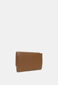 Brown leather wallet with a smooth texture, rectangular shape, and folded design. Notable stitching detail along the edges.