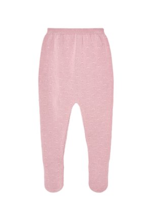 Pantalon de bébé en tricot rose doux avec pieds intégrés et motif à pois texturé, taille élastique pour le confort.
