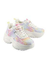 White glitter sneakers with pastel iridescent accents, thick sole, and lace-up design. Features a patterned upper and pull tab at the heel.