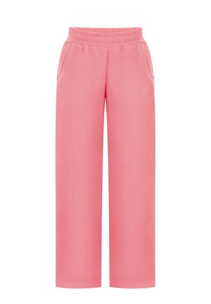Pantalones deportivos de pierna ancha en color rosa, con cintura elástica y bolsillos laterales, fabricados con tela suave para un uso informal.