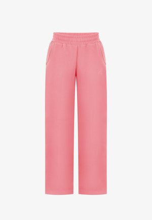 Pantalones deportivos de pierna ancha en color rosa, con cintura elástica y bolsillos laterales, fabricados con tela suave para un uso informal.