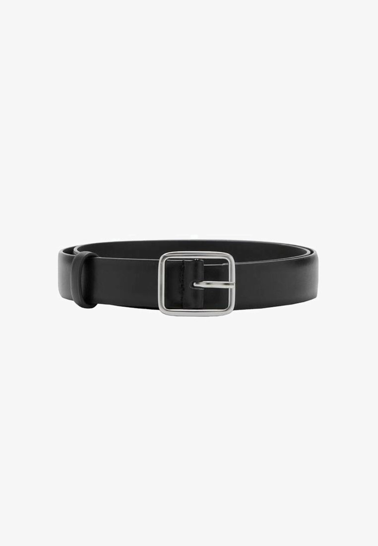 Black leather belt with a silver rectangular buckle, featuring a smooth texture and a classic design, suitable for various outfits.
