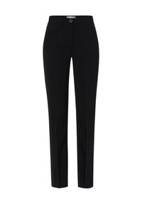 Schwarze, maßgeschneiderte Hose mit geradem Bein, Frontknopf und Gürtelschlaufen, dargestellt auf weißem Hintergrund.
