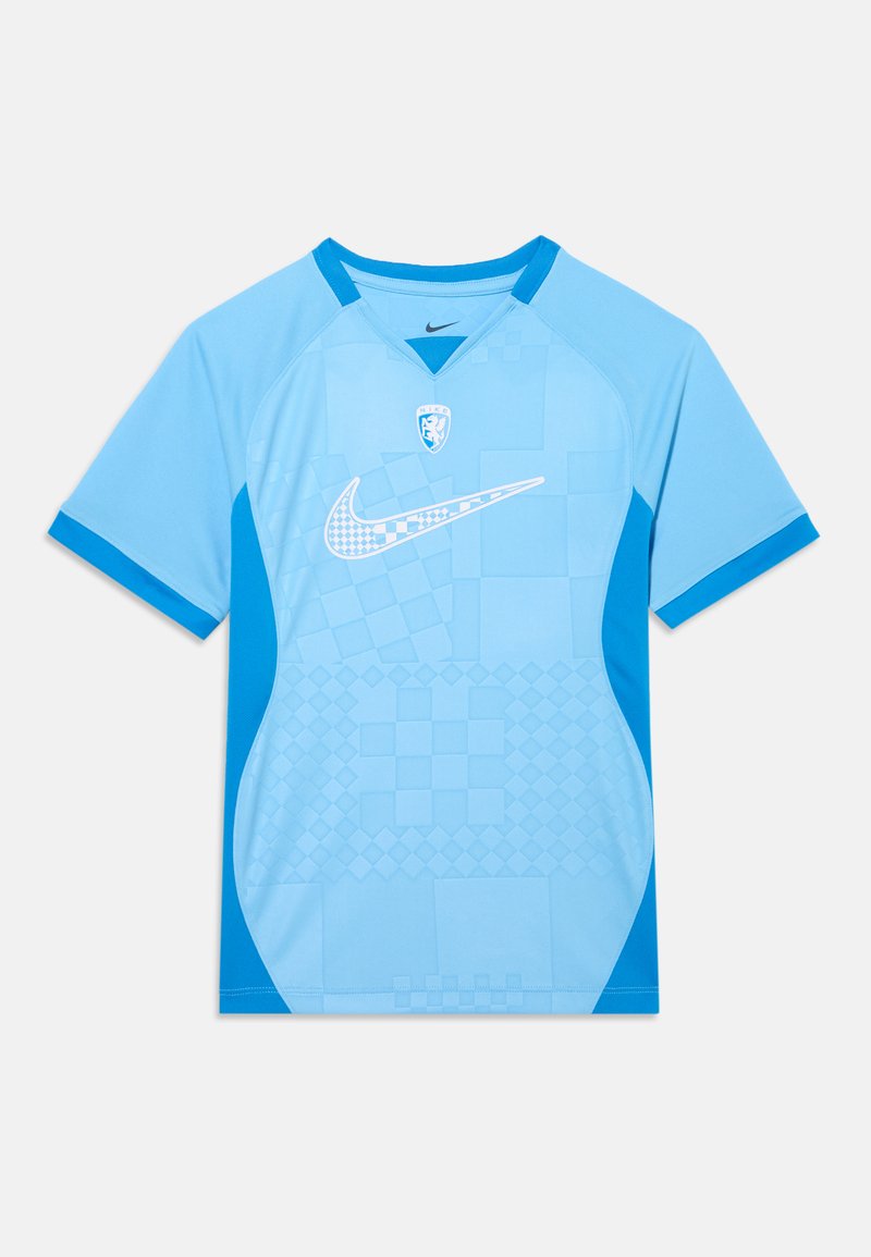 Ανοιχτό μπλε αθλητική φανέλα Nike με μεγάλο λευκό καρό λογότυπο swoosh και μπλε πλαϊνά πάνελ και άκρες στα μανίκια.