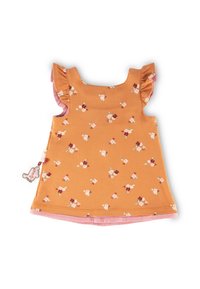 Orange ärmelloses Babykleid mit kleinen rosa, weißen und burgunderfarbenen Blumenmustern und gerüschten Schulterdetails.