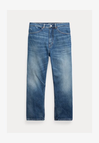 Vaqueros de denim azul lavado con corte de pierna recta, bolsillos delanteros, trabillas para cinturón y detalles descoloridos en los muslos y las rodillas.