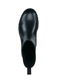 Schwarze Lederknöchelstiefel mit glatter Textur, abgerundeter Zehenpartie, elastischen Seitenpaneelen und einer kleinen Zuglasche an der Rückseite. Gummisohle.