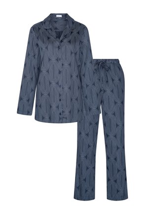 Haut de pyjama bleu foncé à manches longues avec boutons et pantalon assorti avec un motif géométrique de lignes courbes bleu clair.