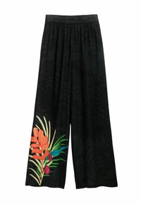 Schwarze weit geschnittene Hosen mit floralem Design in Orange, Pink und Grün an der unteren linken Seite, mit elastischem Bund und glatter Textur.