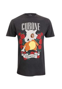 Zwart katoenen T-shirt met een kleurrafische afbeelding van Cubone tussen rode rozen, met de tekst "Cubone" en "Klaar voor de Strijd" in een vet lettertype.