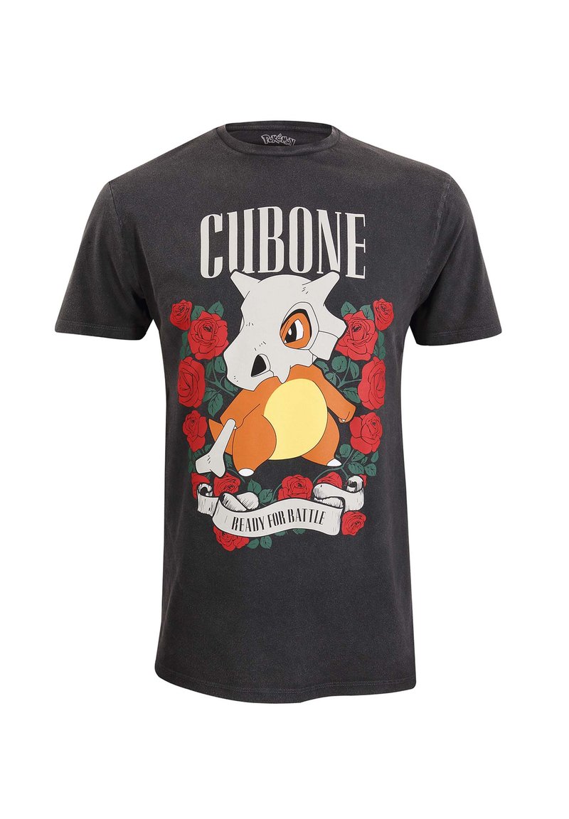 Zwart katoenen T-shirt met een kleurrafische afbeelding van Cubone tussen rode rozen, met de tekst "Cubone" en "Klaar voor de Strijd" in een vet lettertype.