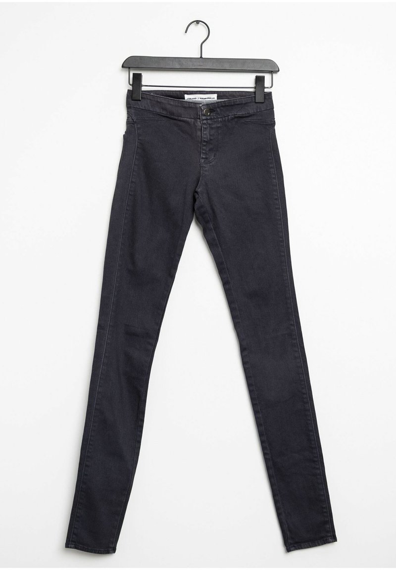 Skinny jeans in dark gray denim. Features a button waist closure and belt loops. Smooth texture with minimal stitching details.