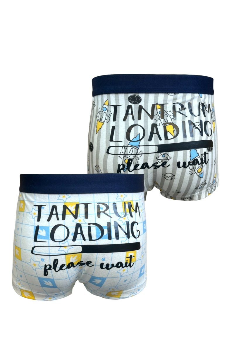 Jungen Baumwollboxershorts mit zwei Designs: eines mit Raketenmotiven auf einem grau gestreiften Hintergrund und das andere mit einem Karomuster in hellblau und gelb.