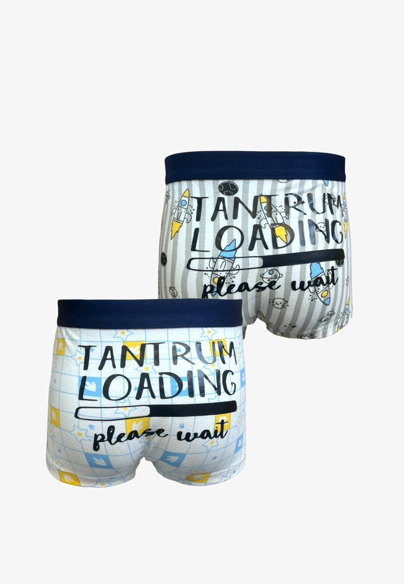Jungen Baumwollboxershorts mit zwei Designs: eines mit Raketenmotiven auf einem grau gestreiften Hintergrund und das andere mit einem Karomuster in hellblau und gelb.