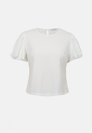 Weiße Bluse mit kurzen Ärmeln, Rundhalsausschnitt und gepufften Ärmeln, mit kleinem Knopfverschluss auf der Rückseite.