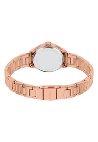 Rose gold stainless steel watch with a linked band and round case. Features a smooth back and a push-button clasp for secure wearing.