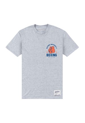 Grå bomulds T-shirt med et grafisk design med orange boksehandsker, "Oxford University" tekst og blå accenter. Blød, afslappet pasform.