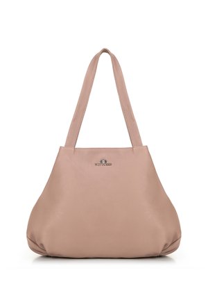 Borsa in pelle morbida di colore rosa con doppi manici e piccolo logo metallico al centro.
