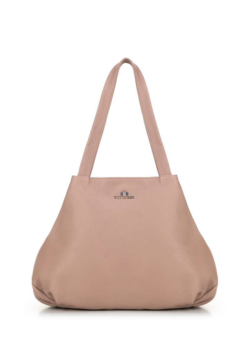 Borsa in pelle morbida di colore rosa con doppi manici e piccolo logo metallico al centro.
