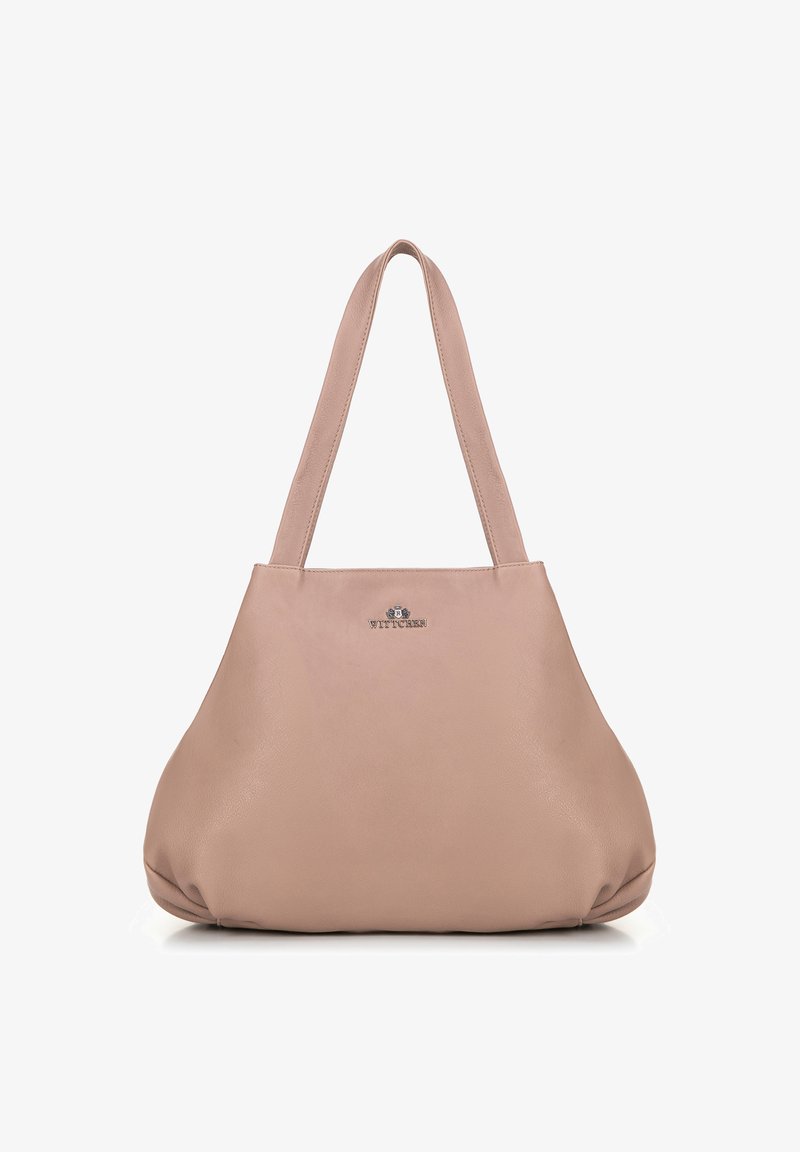 Zachte roze leren handtas met dubbele schouderbanden en een klein metallic logo aan de voorkant.