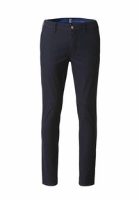 Chinos pour hommes de couleur bleu marine en coton, avec une coupe slim, une fermeture à bouton sur le devant et des poches arrière, avec une texture lisse.