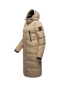Beige Daunenjacke mit Kapuze, Reißverschluss vorne, schwarzen Akzenten und Schulterklappen-Design. Verfügt über zwei Seitentaschen und gerippte Bündchen.