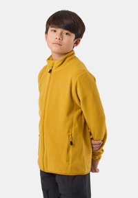 Gele fleecejas met een hoge kraag, ritssluiting en zijzakken. Heeft een zachte textuur en minimale branding op de borst.