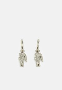 Orecchini a forma di coniglio in argento con superficie texturizzata e strass incastonati per un tocco di scintillio. Chiusura a cerchio nella parte superiore.