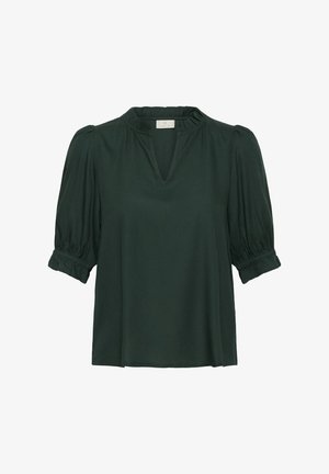 Dunkelgrüne Bluse mit leichtem V-Ausschnitt, kurzen Puffärmeln und gerafften Akzenten an den Bündchen. Glatter, leichter Stoff mit lockerer Passform.