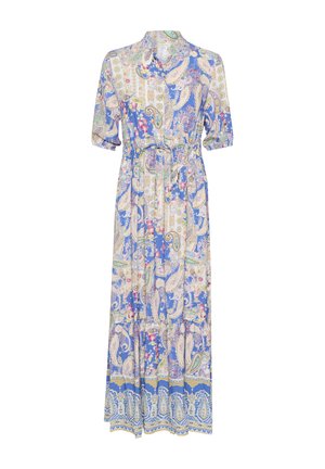 Maxi-jurk in blauwe paisleyprint stof, met een kraag, korte mouwen, tailleband en een vloeiende rok met ingewikkelde patronen en accenten.