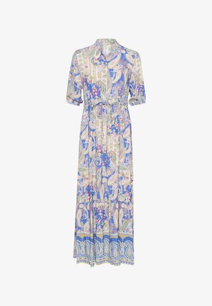 Maxiklänning i blått paisley-mönster, med krage, korta ärmar, midjeband och en flödande kjol med intrikata mönster och detaljer.