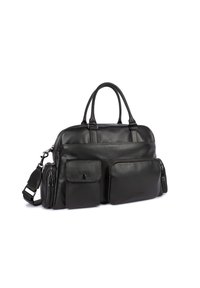 Borsa a spalla nera in pelle con doppio manico, cinturino removibile e tre tasche esterne. Texture liscia e design minimalista.