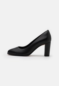 Chaussures à talons hauts en cuir noir avec un bout rond, texture lisse et un talon bloc solide. Design simple, sans embellissements.