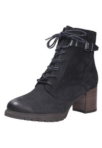 Botines de ante negro con tacón cuadrado, cordones en la parte delantera y detalle de hebilla en el tobillo. Superficie texturizada y suela con relieve.