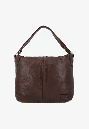 Rjava usnjena torba za ramo z teksturirano površino, z zadrgo in širokim trakom za enostavno nošenje. Dve navpični šivi na sprednji strani.