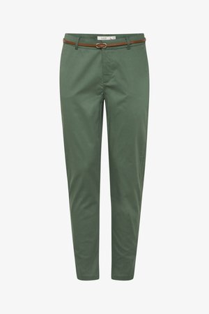 Olive green slim-fit pants with a brown belt, front zipper, and fitted waist.