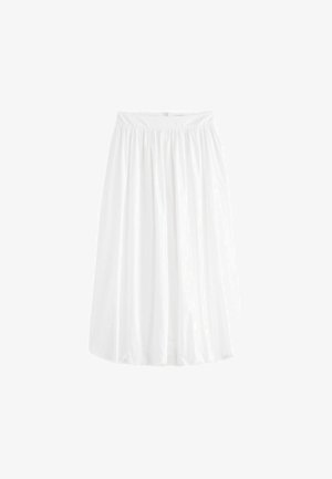 Biela sukňa po kolená vyrobená z ľahkého materiálu. Má elastický pás pre nastaviteľné prispôsobenie a jemné splývanie.