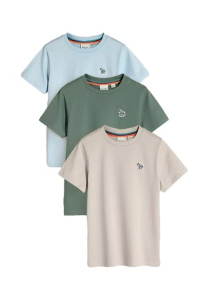 Three short-sleeve crew neck t-shirts in light blue, green, and beige with small zebra embroidery on the chest.