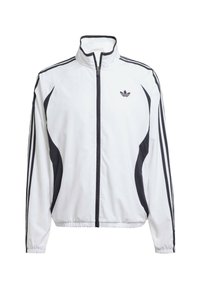 Chaqueta deportiva blanca de Adidas con franjas negras en las mangas, paneles laterales negros, cierre frontal completo y logo de trébol de Adidas en el pecho.