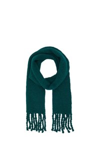 Teal strikket tørklæde lavet af blødt materiale, med et tekstureret design og frynsede kanter for ekstra detaljer.