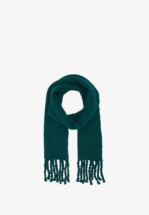 Türkise, gestrickte Schal aus weichem Material, mit einem strukturierten Design und gefransten Kanten für zusätzliche Details.