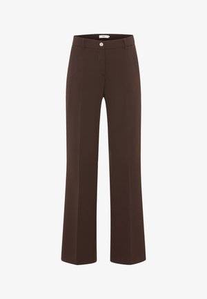 Brown tailored trousers with a slightly flared shape, made from smooth fabric. Features a front button closure and stitched pocket accents.