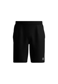 Schwarze Sportshorts mit glatter Textur, elastischem Bund und kleinem Logo am linken Saum. Gerader Schnitt, knielange Gestaltung.