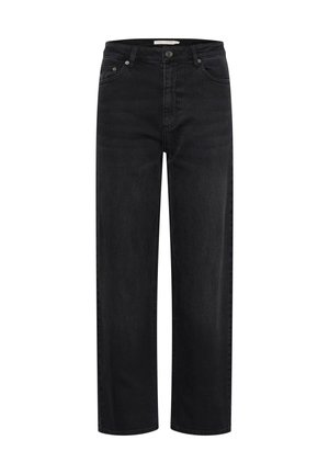 Jean noir en denim avec une coupe droite, deux poches avant et une fermeture à bouton métallique. Texture douce et détails de couture minimaux.