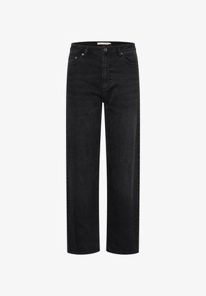 Sorte denim jeans med lige ben, to forlommer og metalknaplukning. Blødt stof og minimale syninger.